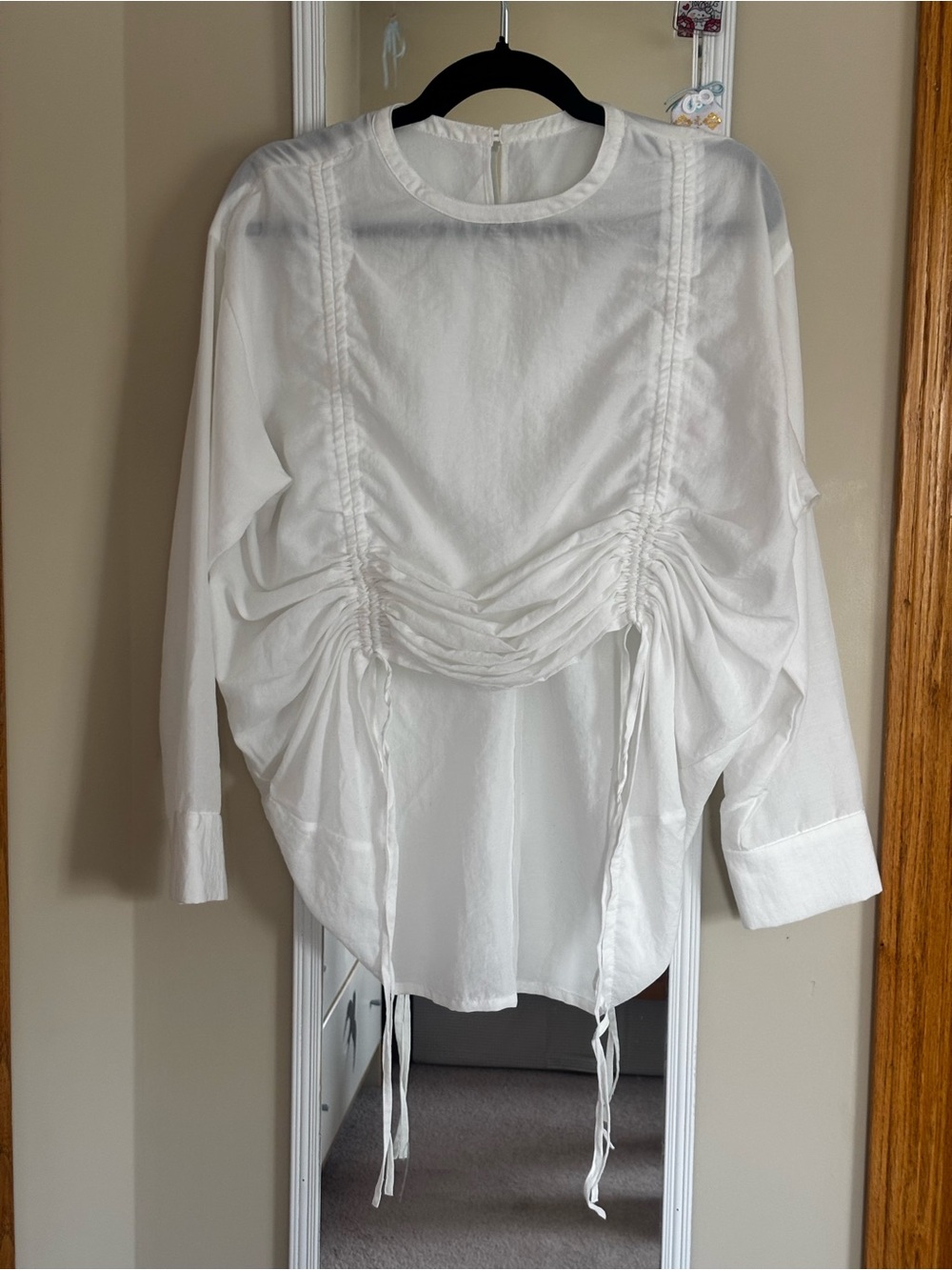 Women's White Long-Sleeve Ruched Drawstring Blouse